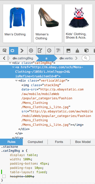 Screenshots of devtools on ebay site