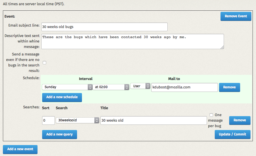 Admin panel for setting the whining mail