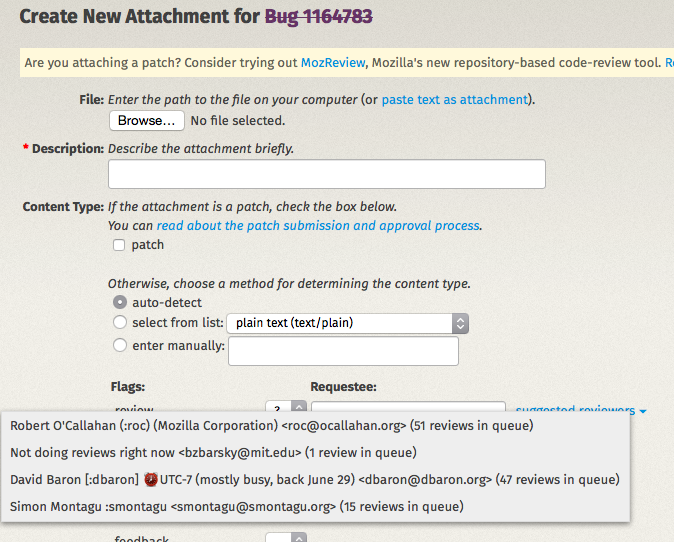 Window for attaching bugs in bugzilla