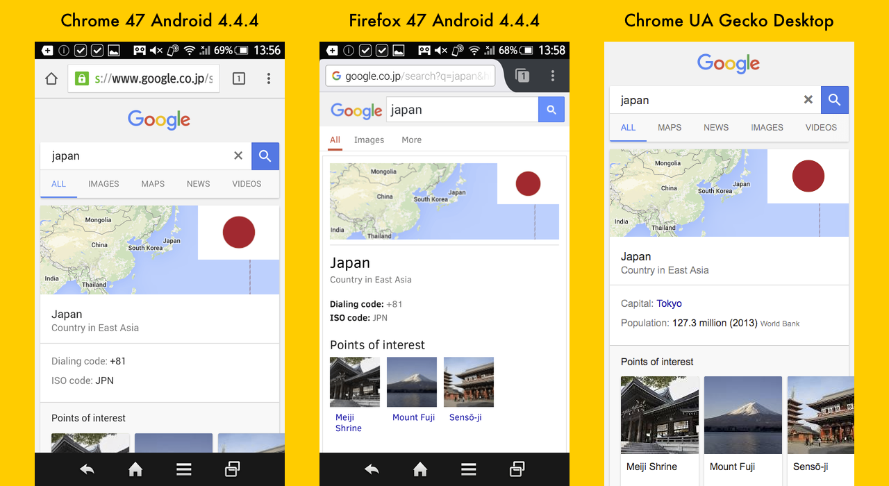 Testing Google Search On Gecko With Different UA Strings Otsukare