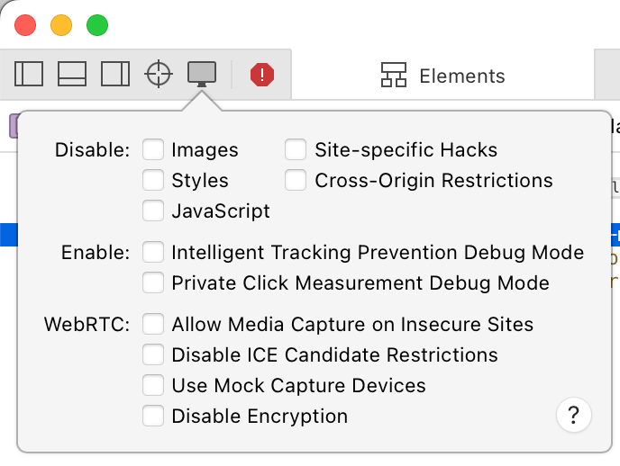 Panel in the Web inspector helping to activate or deactivate some options.