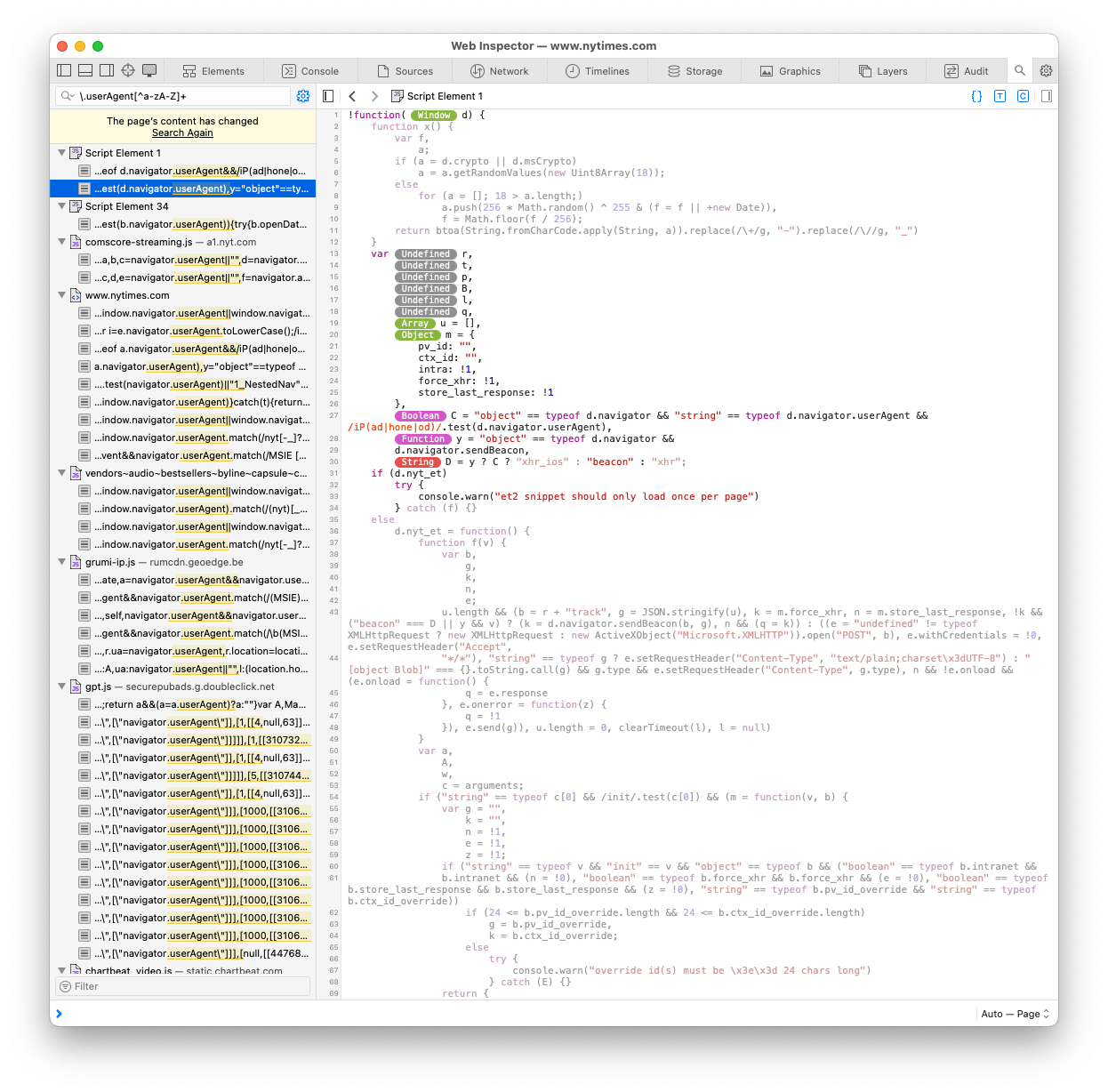 Screenshot of the Web Inspector with the regex search for UserAgent