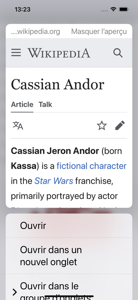 Screenshot of the contextual menu on an iPhone after a long press showing the preview of the page.