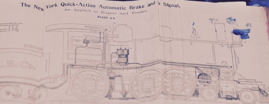 Blueprint of an old steam locomotive.