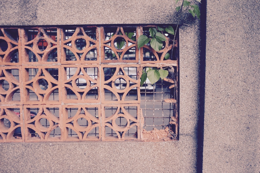 Wall with broken tiles.